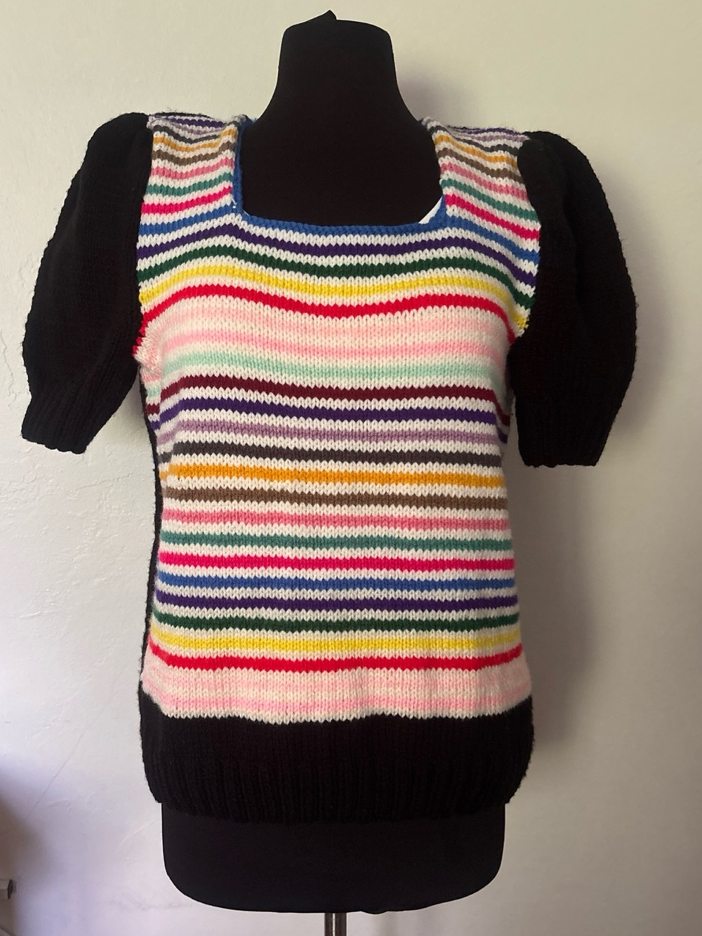 Vintage Black & Multicolored Rainbow Knit Sweater Short Puff Sleeve Square Neck